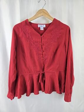 BEA Classics Blouse Womens 16 Red Embroidered Floral Button Peplum Tie Waist